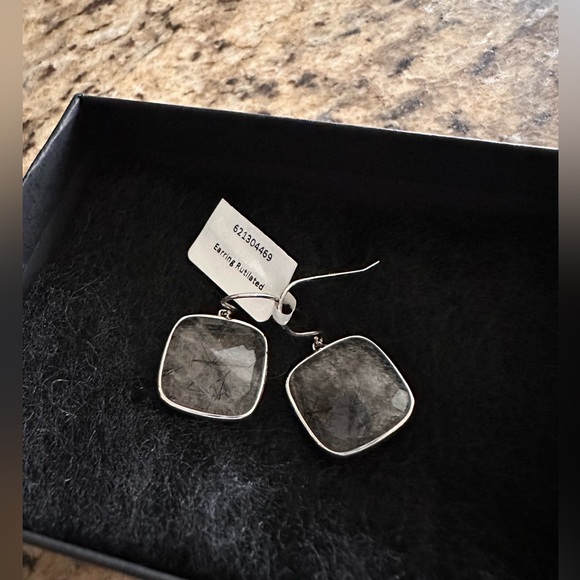 Sterling Silver Smokey Rutilated Quartz Square Drop Earrings - Picture 1 of 2